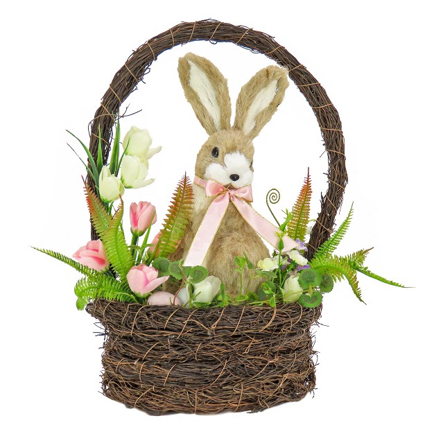 National Tree Company Woven Basket With Bunny Table Decoration Woven Branch Base Decorated With Fern Fronds Tulips Easter Collection 17 Inches