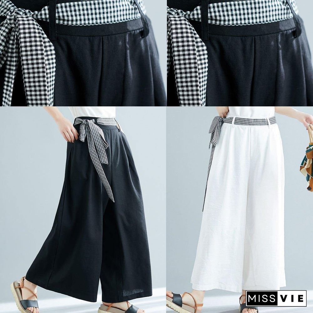 black cotton blended wide leg pants tie waist casual trousers