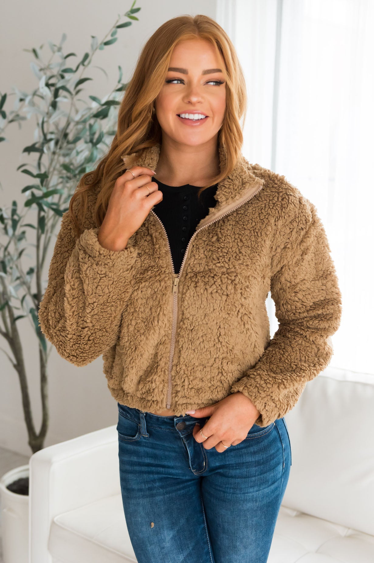 Let's Get Cozy Modest Fuzzy Zip Up Jacket