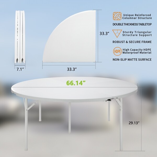 Round Plastic Folding Portable Dining Table with Carrying Handle，5 Legs for Indoor，Outdoor，Parties，Banquets and Events