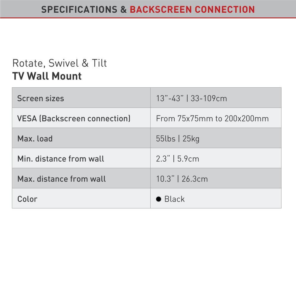 Barkan a Better Point of View Barkan 13 in to 39 in Full Motion - 3 Movement Flat Single Arm TV Wall Mount up to 55 lbs 2300.B