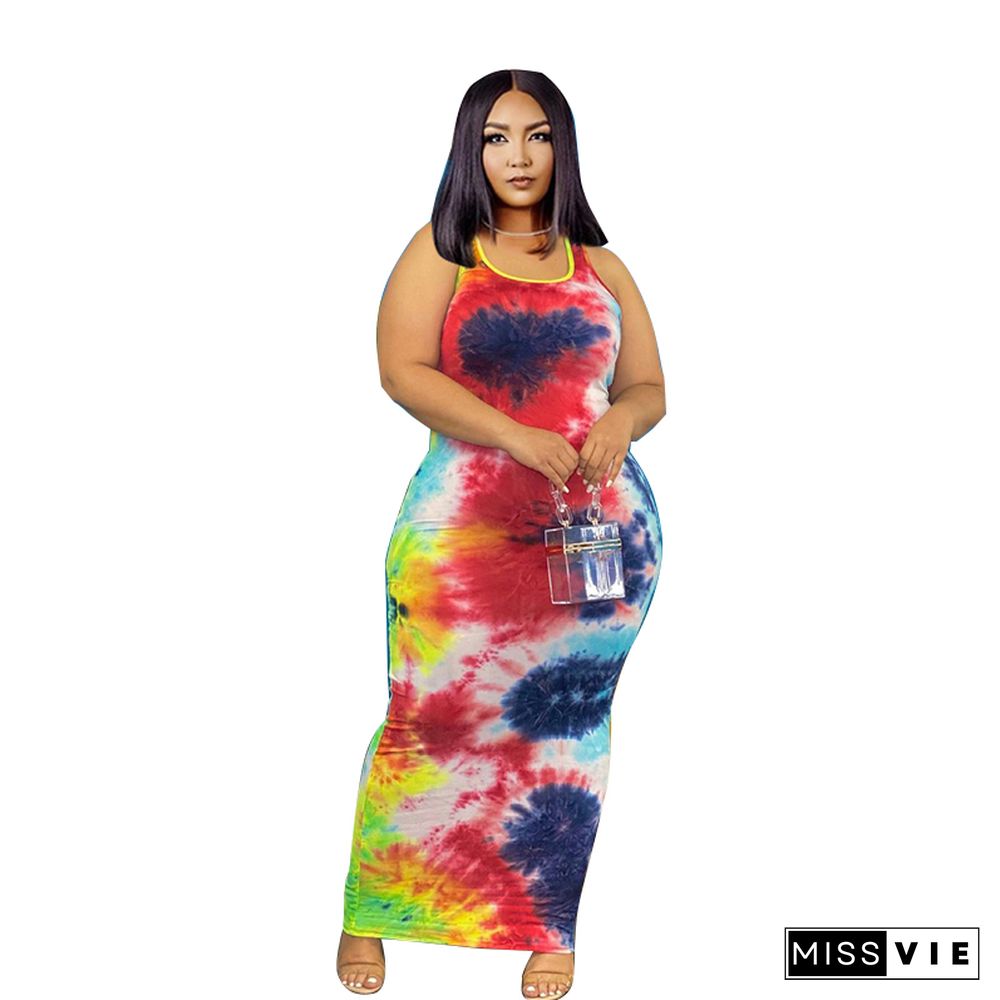 Tie Dye Sleeveless O Neck Plus Size Maxi Dress