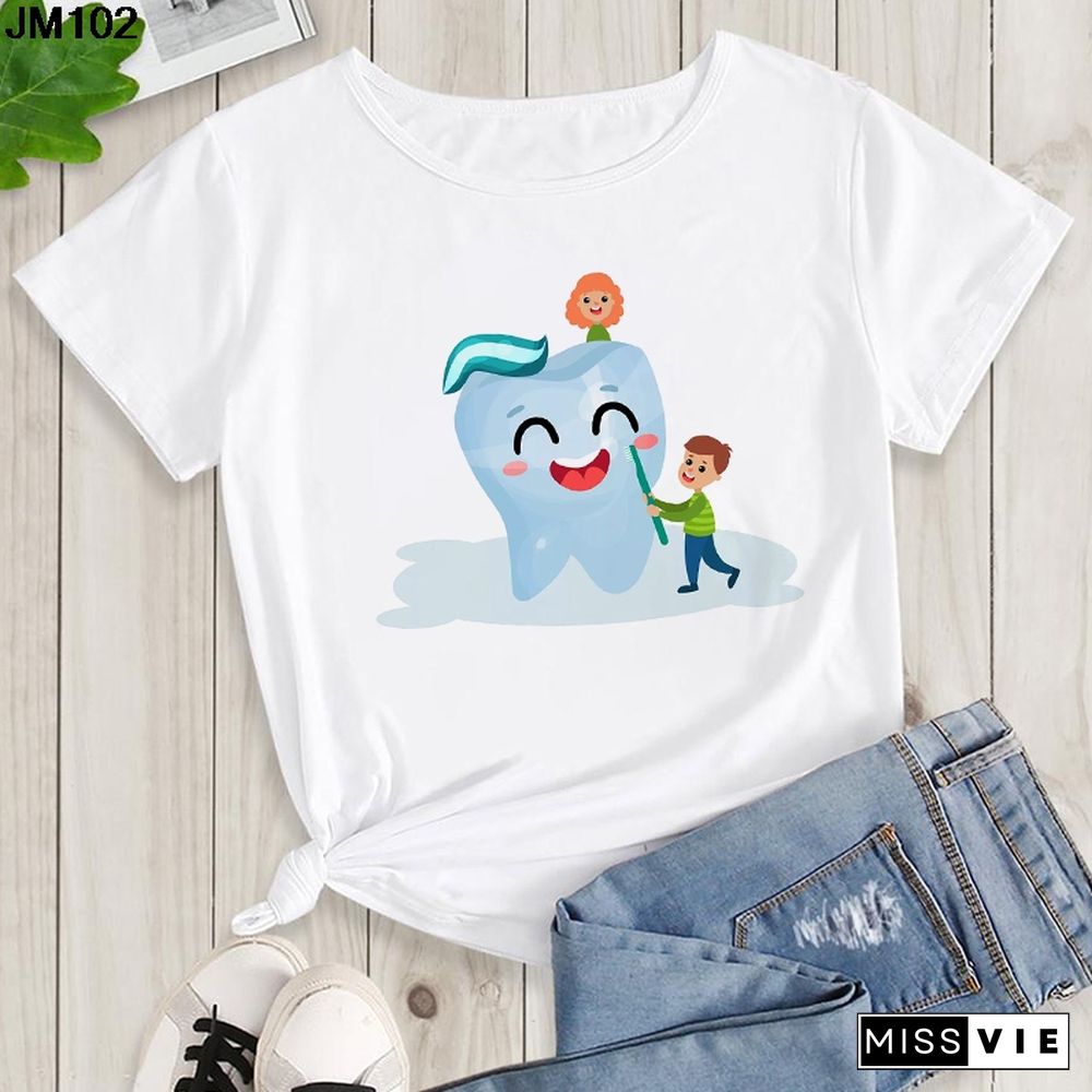 Aesthetic Funny Tooth Dentist Print Female Clothing T-shirt 90s Harajuku Kawaii O-neck Tshirt Summer Fashion Women's Top T Shirt