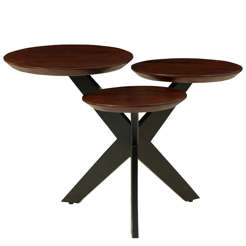 Modern Coffee Table with 3 Tier Wooden Top and Boomerang Legs， Brown and Black