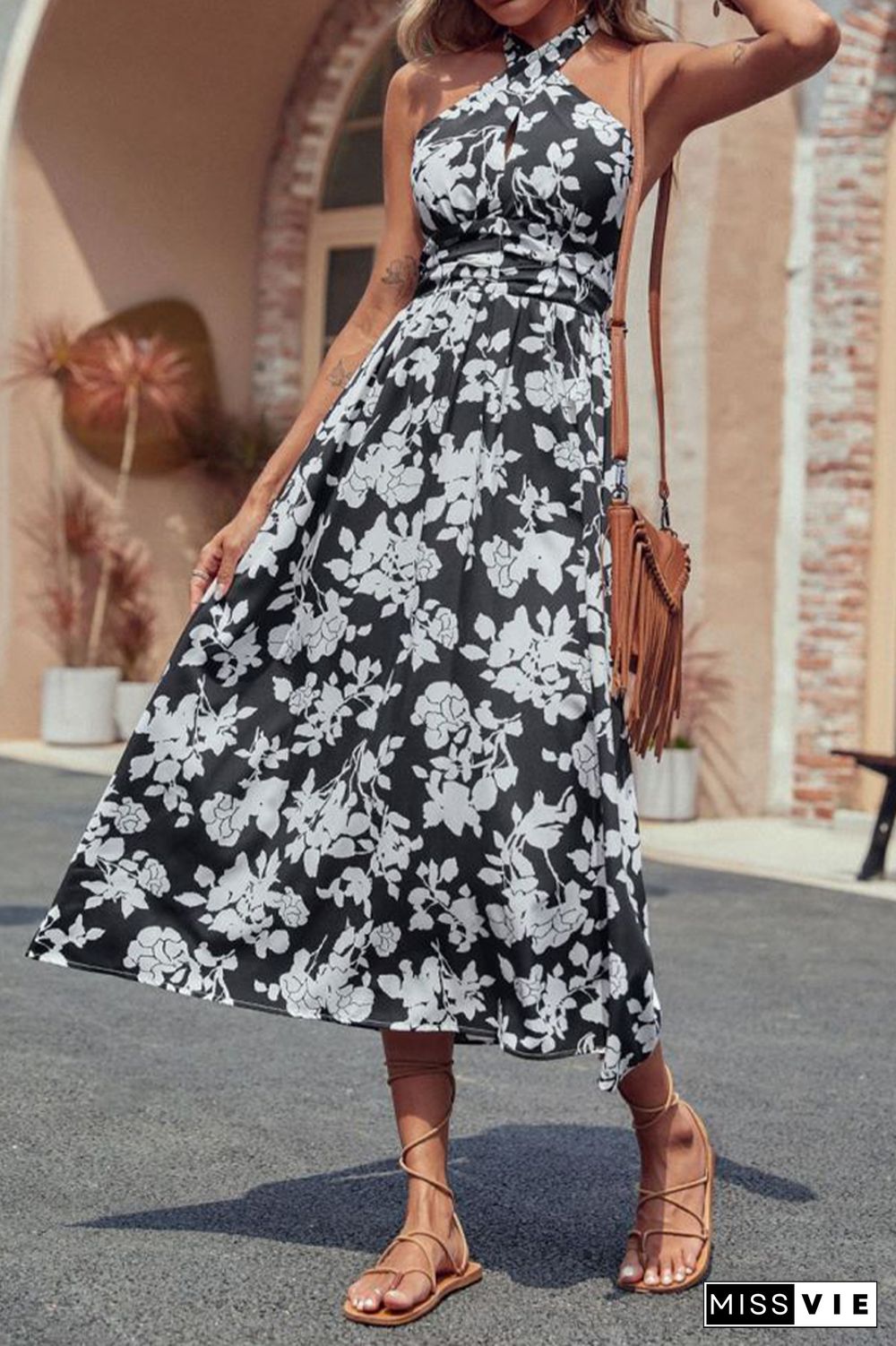 Black And White Floral Print Long Dress Wholesale