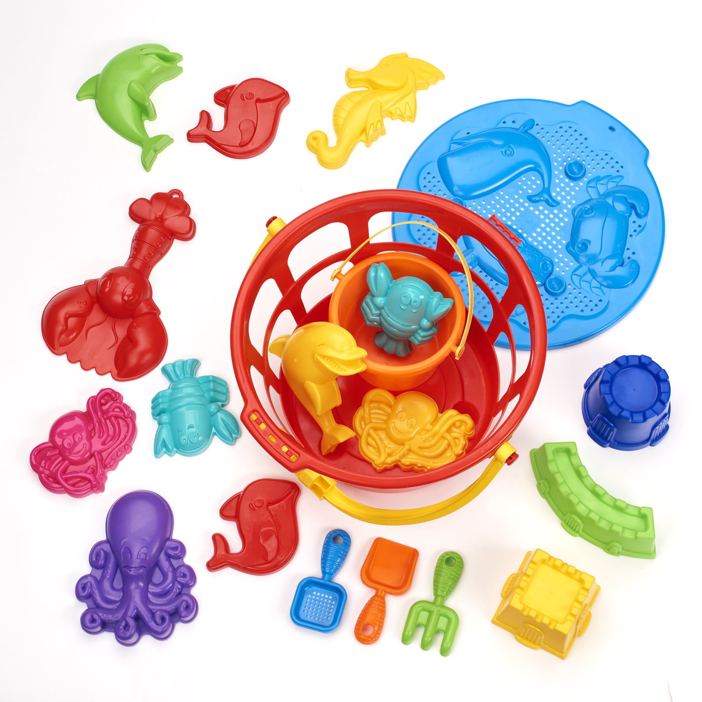 Play Day Colossal Pail 20-Piece Beach Toys Set – Kids Beach Sand Toys Set, Sand Molds, Sand Tools, Sandcastle Molds, Beach Bucket and Shovel with Carry Basket