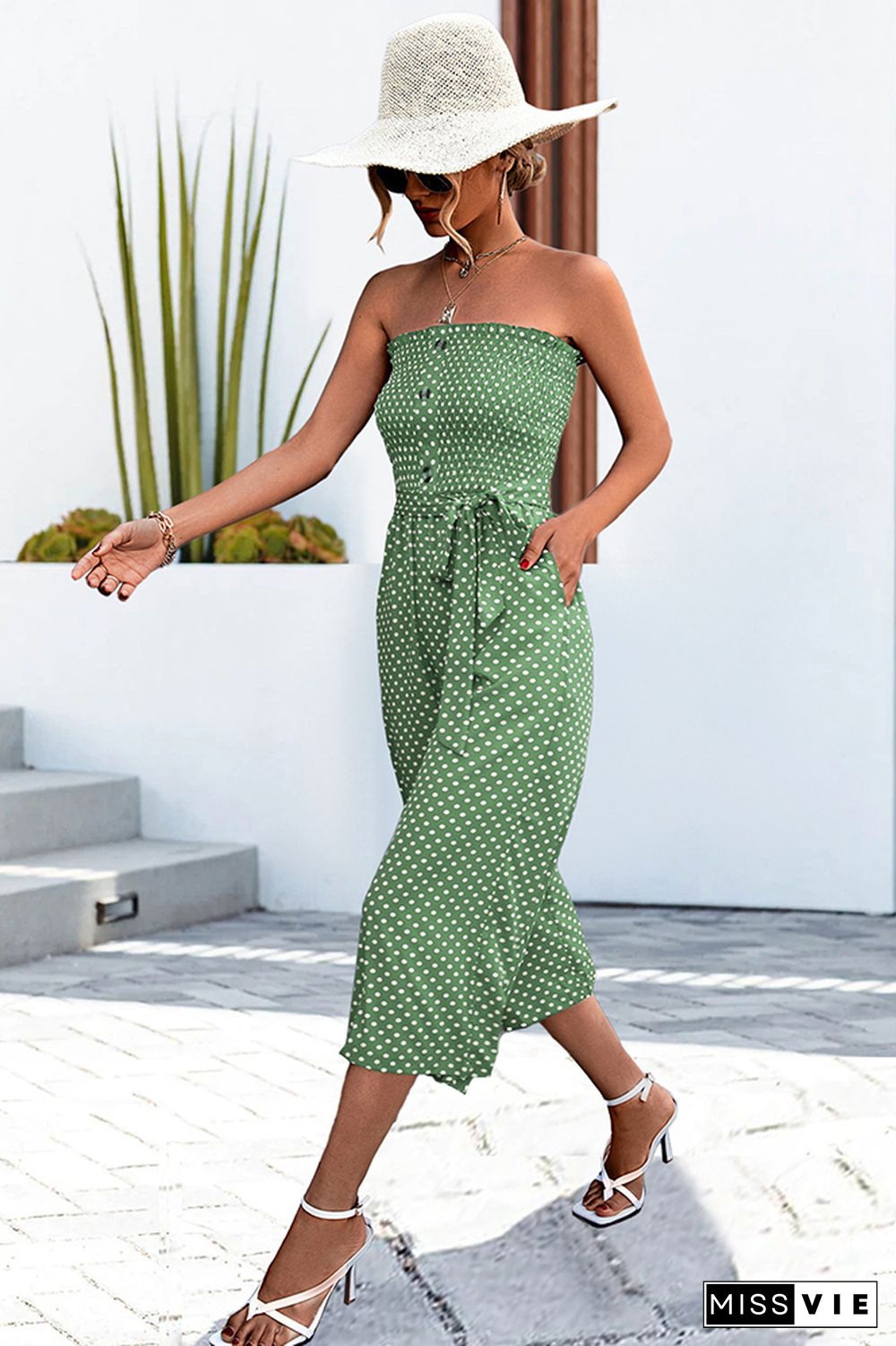 Polka Dot Off Shoulder Button Tie Waist Jumpsuit