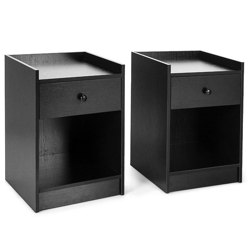 Set of 2 Nightstand with Drawer Cabinet End Side Table Raised Top