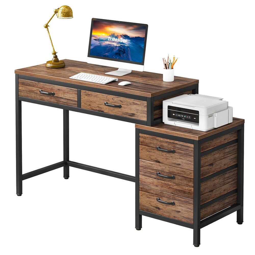 Reversible Computer Desk with 5 Drawers  Home Office Desk with File Cabinet Drawer Printer Stand