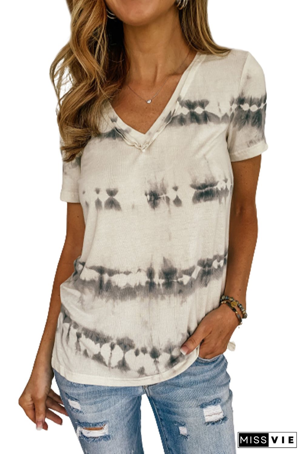 Grey V Neck Tie-dye Tee