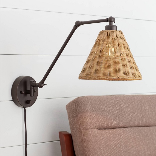 Light Fixture Swing Arm Adjustable Natural Rattan Shade For Bedroom Reading Living Room House