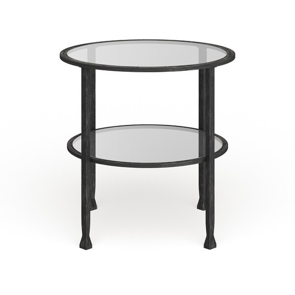 SEI Furniture Glenn Distressed Black Metal Round Side Table with Glass Top and Shelf