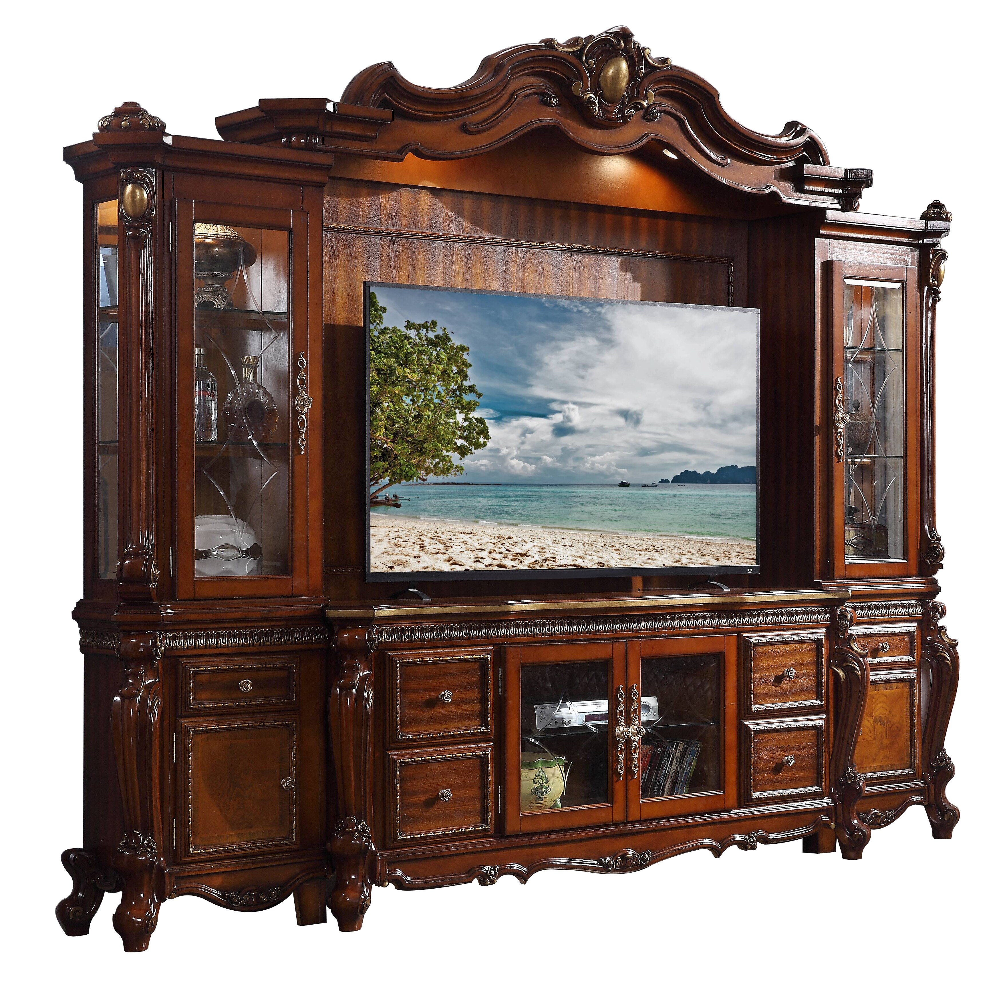 Scrolled Entertainment Center with TV Console， Dark Brown