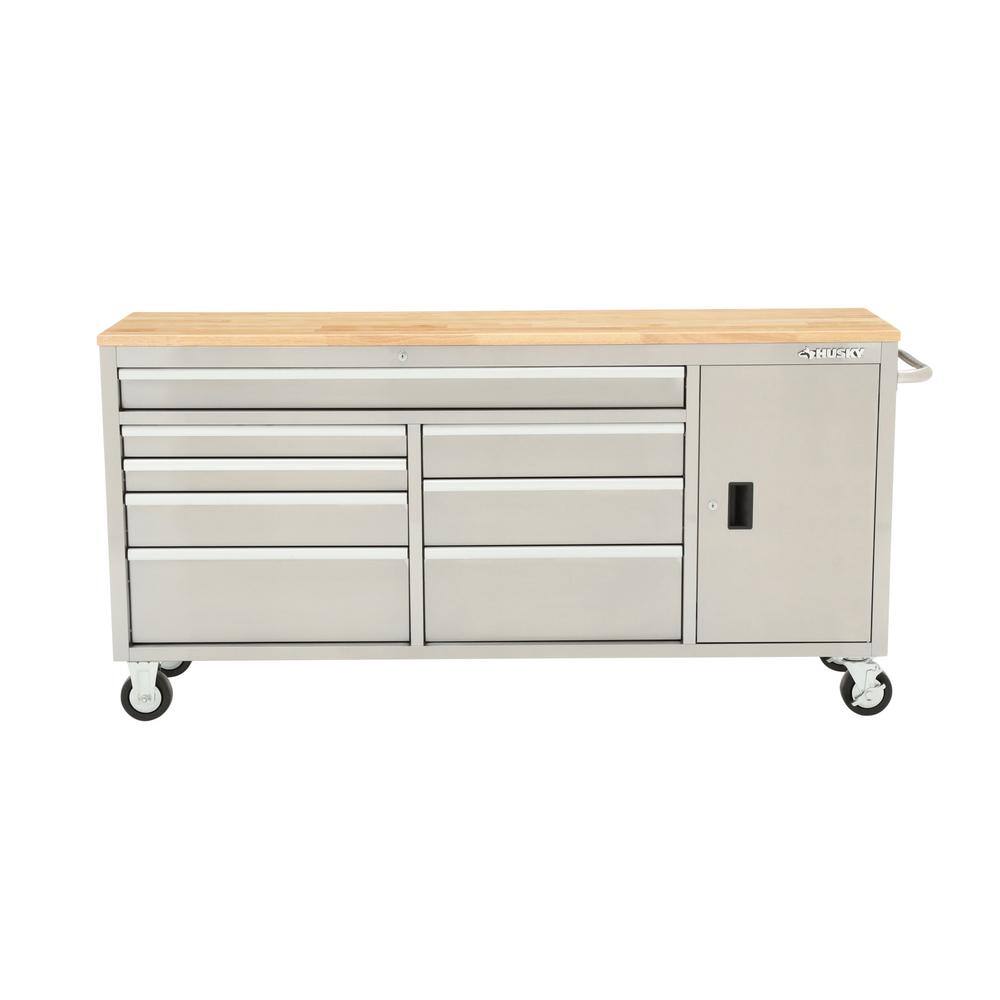 Husky 72 in. W x 18 in. D Heavy Duty 8-Drawer 1-Door Mobile Workbench Tool Chest with Solid Wood Top in Stainless Steel HYLS-7208