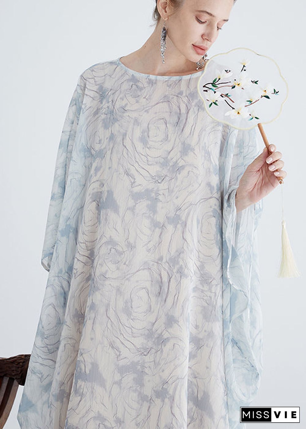 Italian White O Neck Print Cotton Robe Dresses Batwing Sleeve