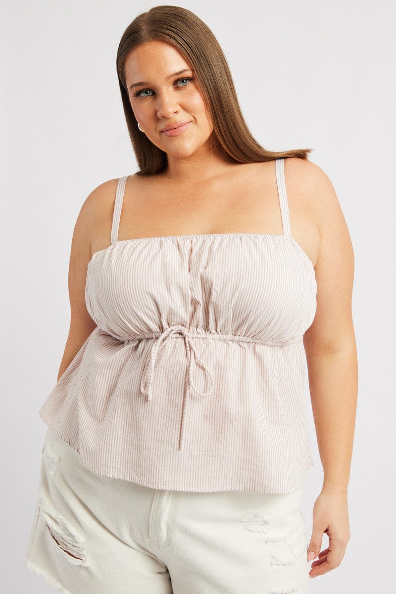 Beige Stripe Cami Top Sleeveless Gathered