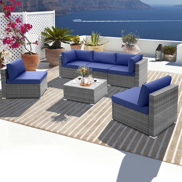 Costway 6 Pcs Patio Conversation Sofa Set Outdoor Rattan Furniture Cushioned Seat Navy