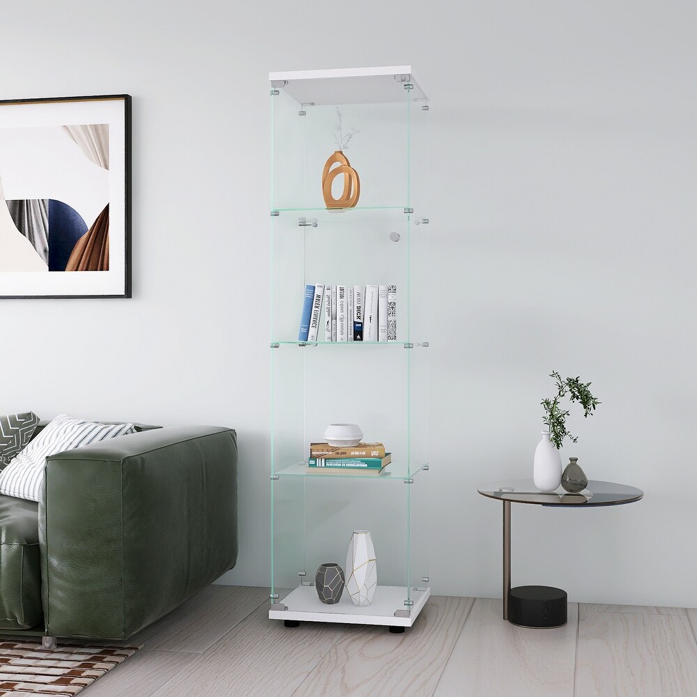 Glass Display Cabinet 4 Shelves with Door  Floor Standing Curio Bookshelf