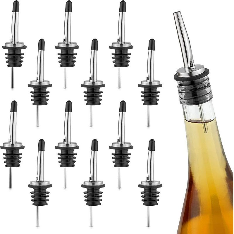 Stainless Steel Liquor Pourers with Rubber Dust Caps - 12 Pack