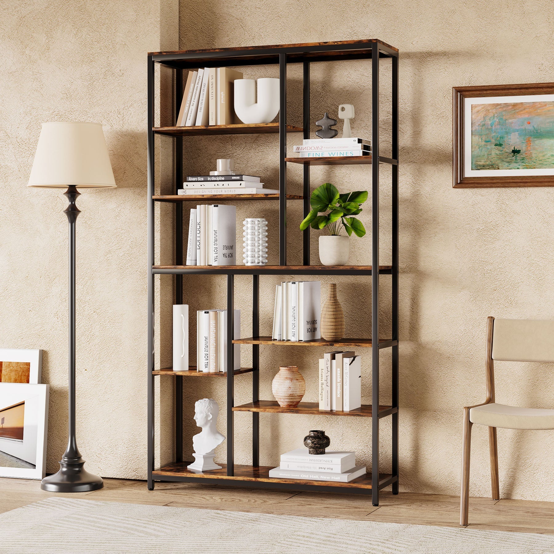 79 Tall Bookshelf, 8-Tier Staggered Etagere Bookcase Shelving Unit