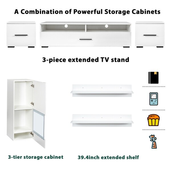 8-Piece High Gloss Extended Floating TV Stand Set RGB LED Wall Mounted Display Units Entertainment Center