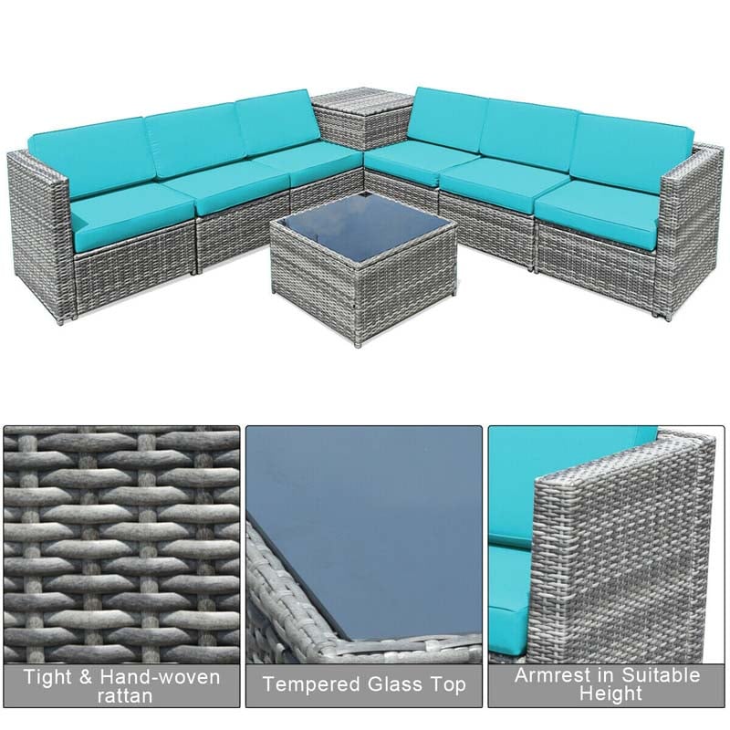 8 Pcs Rattan Patio Sectional Sofa Couch Set Outdoor Wicker Furniture Set with Storage Table & Cushions