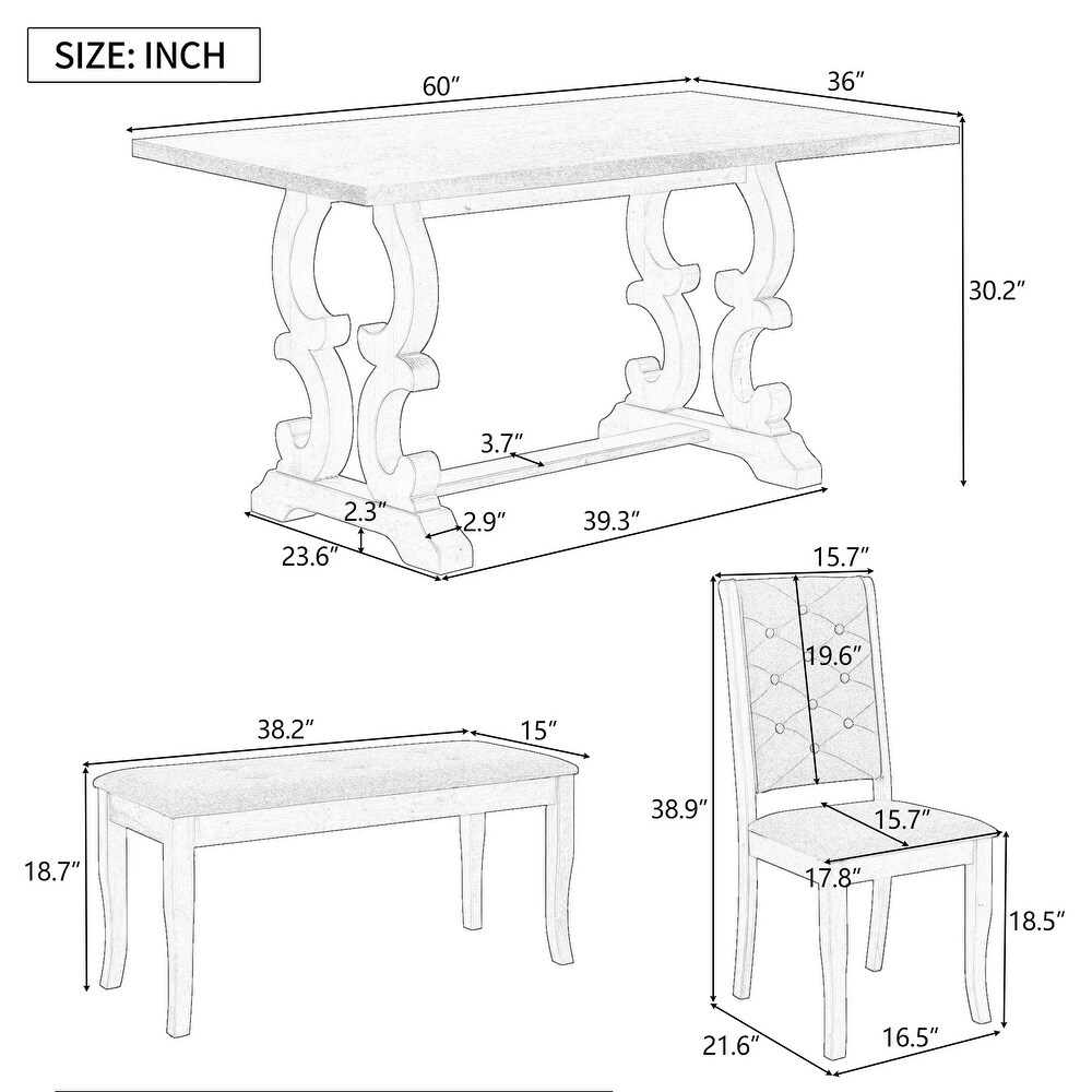 Modern Vintage 6 Piece Dining Set with Rectangular Dining Table and Tufted Dining Chairs   Bench Seating  for Dining Room