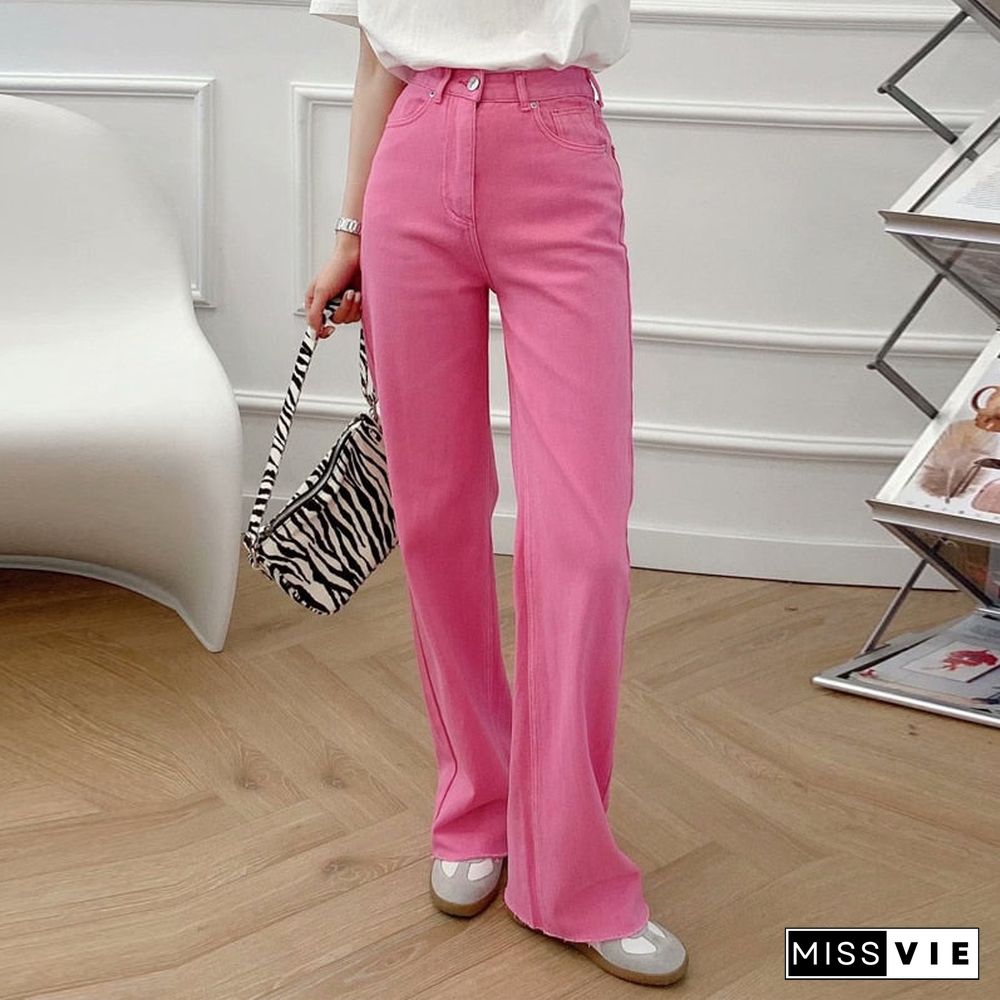 Spring Autumn Women Vintage Blue Pink Denim Trousers Casual Solid Pockets High Waist Straight Jeans Pants Ladies Mujer