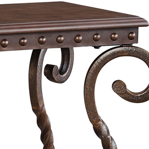 Chair Side End Table with Nailhead Trim Top and Scrolled Base， Brown