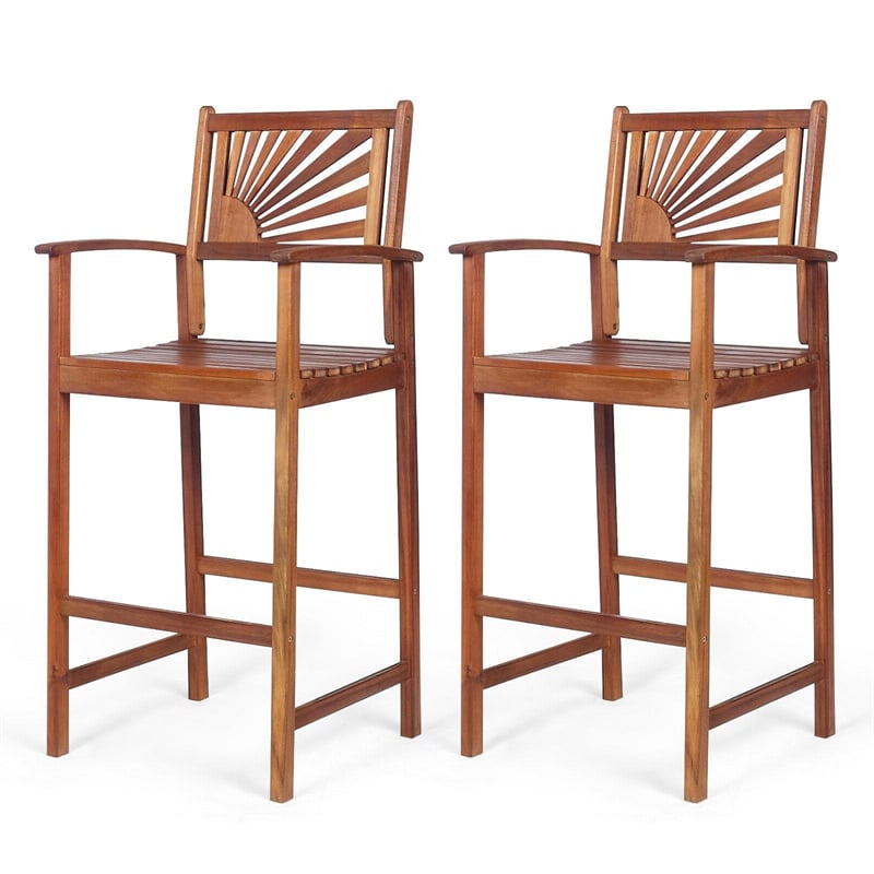 Outdoor Acacia Wood Bar Chairs Set of 2 with Sunflower Backrest and Armrests