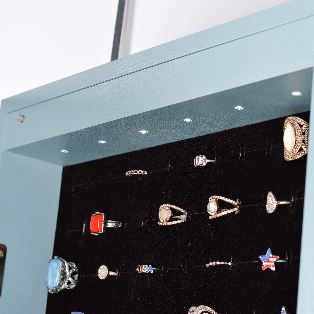 43''H Full Length Mirror Cabinet LED Lights Velvet Jewelry Armoire with 2 Drawers Multi Storage  Can be Hung on Door Wall