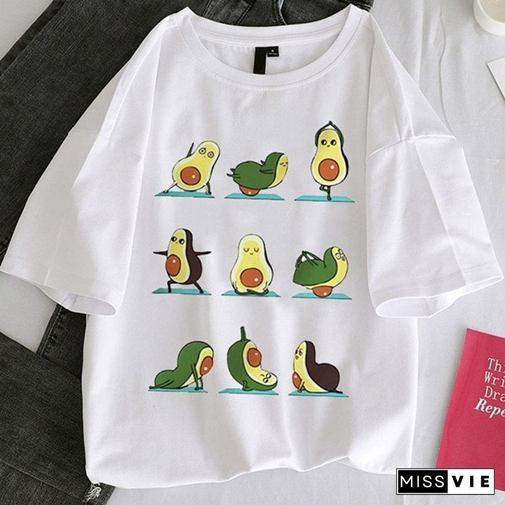 Kawaii Cartoon Avocado Short Sleeve T-shirt Women Casual Avocado Graphic Tops Female Tee Summer Women T-shirts Tops