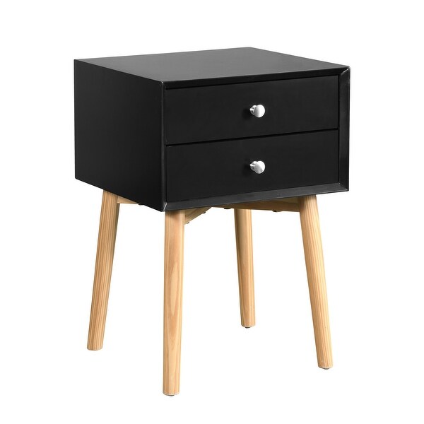 Mid-Century Side Table Nightstand with 2 Drawer， Wood Legs and Sliver Metal Knobs for Bedroom Living Room