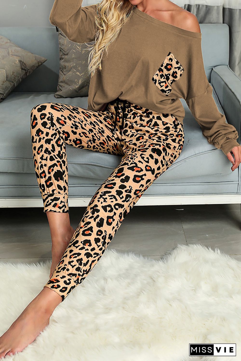 Brown Casual Long Sleeve Leopard Pants Loungewear Set