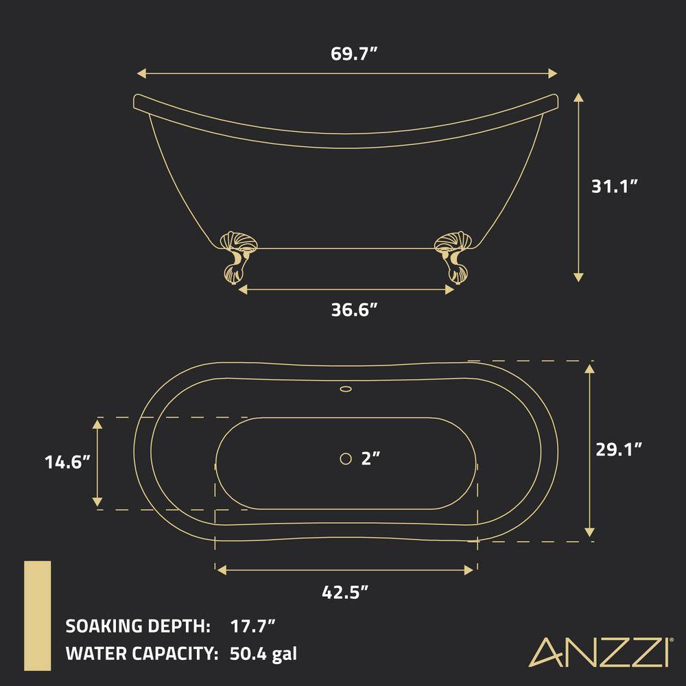 ANZZI Falco 69.68 in. One Piece Acrylic Clawfoot Freestanding Soaking Bathtub in Glossy White with Brushed Gold Feet FT-AZ132BG