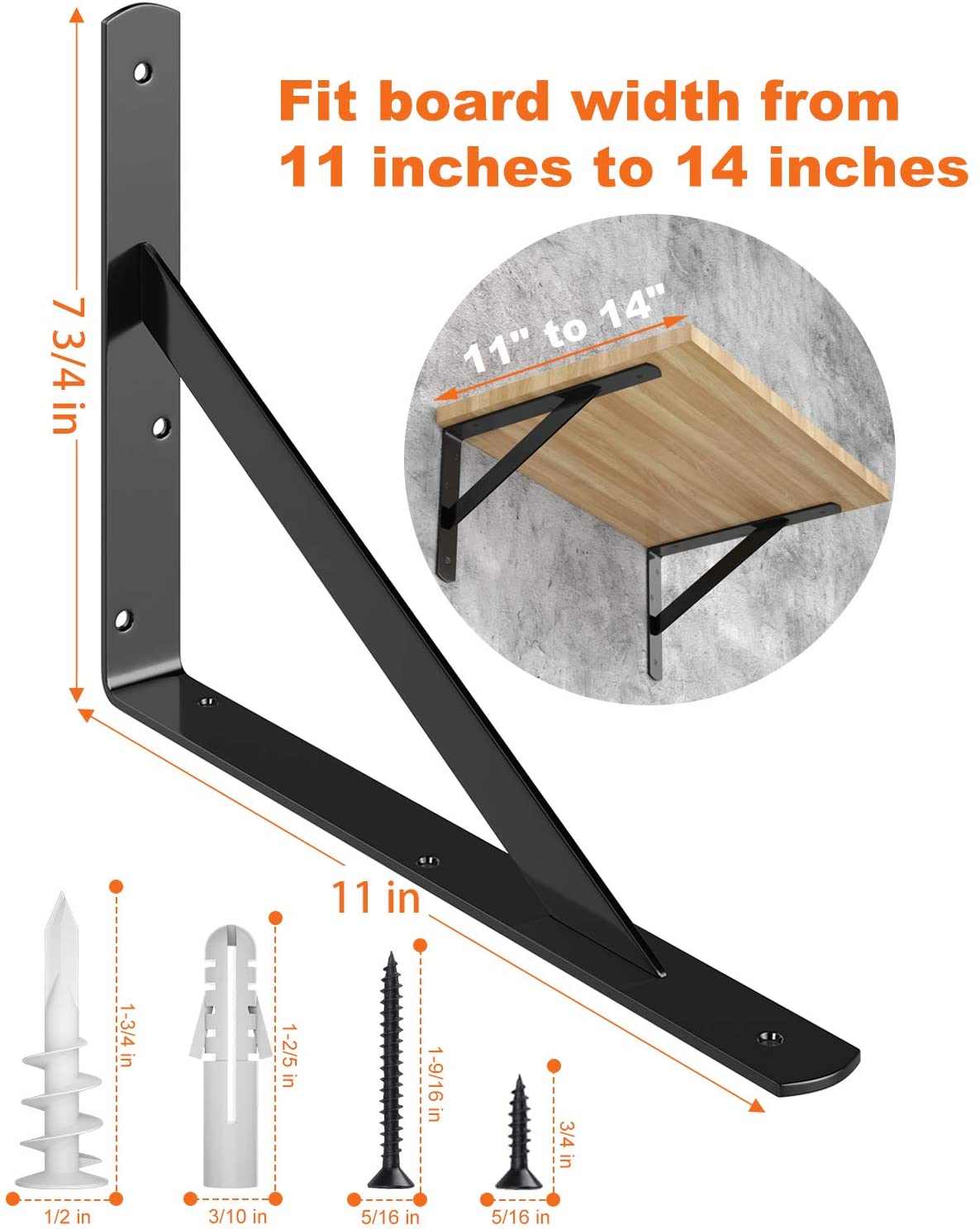 LuckIn 12 Pack Heavy Duty Shelf Brackets, 11 x 8 in. Black Metal Triangle Corner Bracket for Wall Mount Floating Shelf