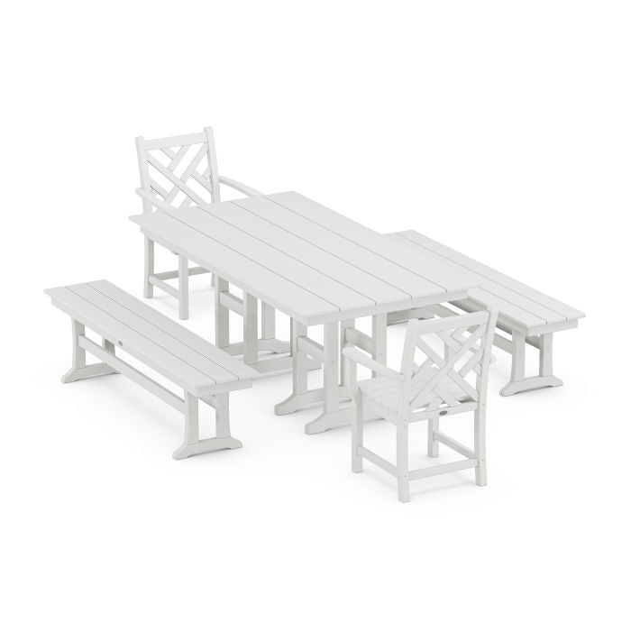 Polywood Chippendale 5-Piece Farmhouse Dining Set with Benches PWS1172-1