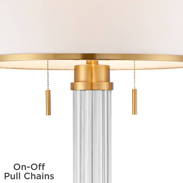 Tall Crystal Glass Column Satin Brass Linen Drum Shade For Living Room Bedroom Office House