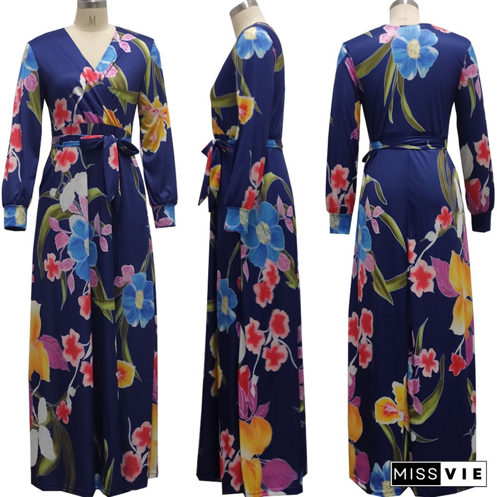 Elegant Summer Beach Floral Print Boho V-Neck Long Sleeve Sashes Women Big Hem Maxi Long Dresses