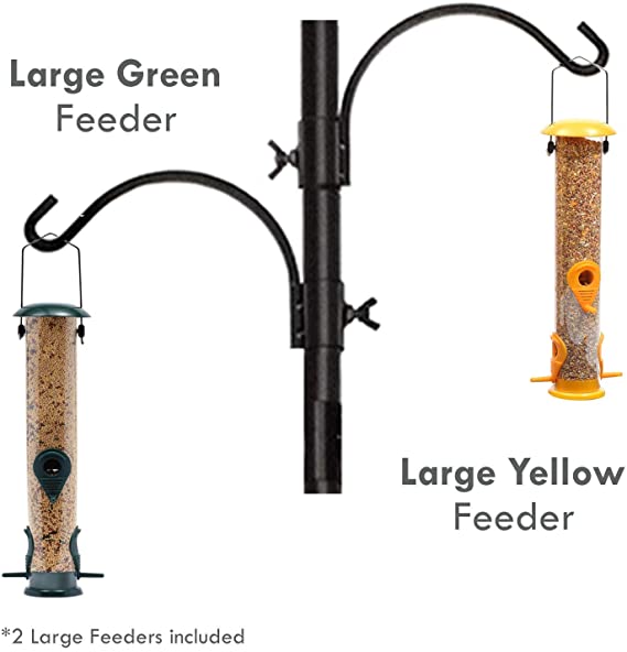 Premium Bird Feeding Station for Outside -22 inch Wide x 92 inch， Tall Multi Feeder Pole Stand Hanger， Black Color， with 4 Bird Feed Hanger and 5 Prong Base for Attracting Wild Birds，Hummingbirds