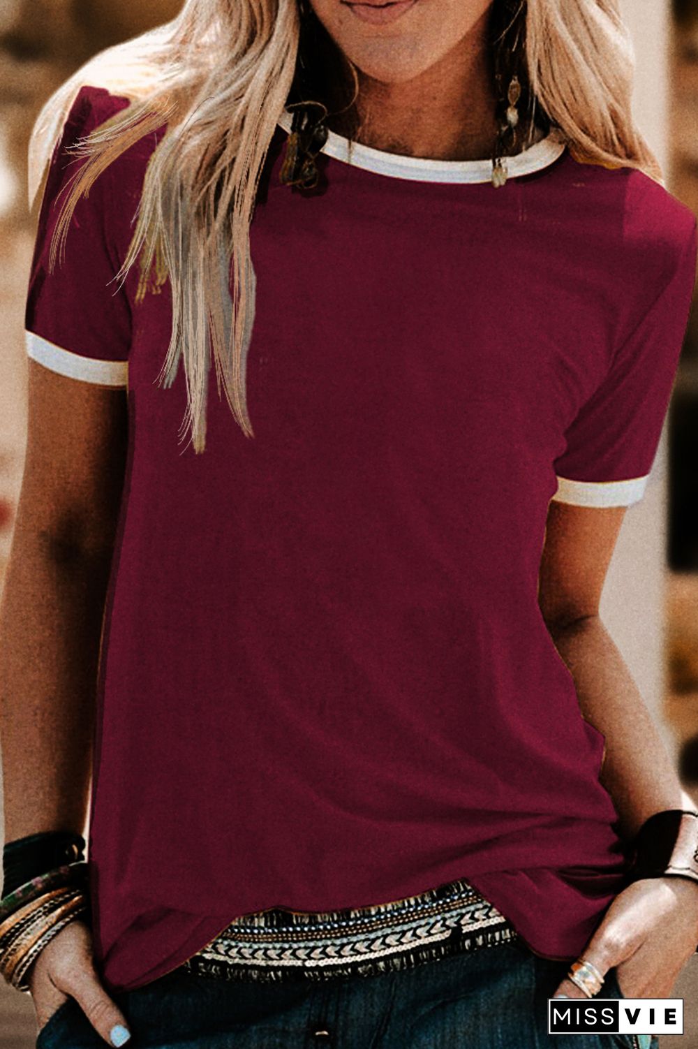 Colorblock Round Neck Short Sleeve T-Shirt