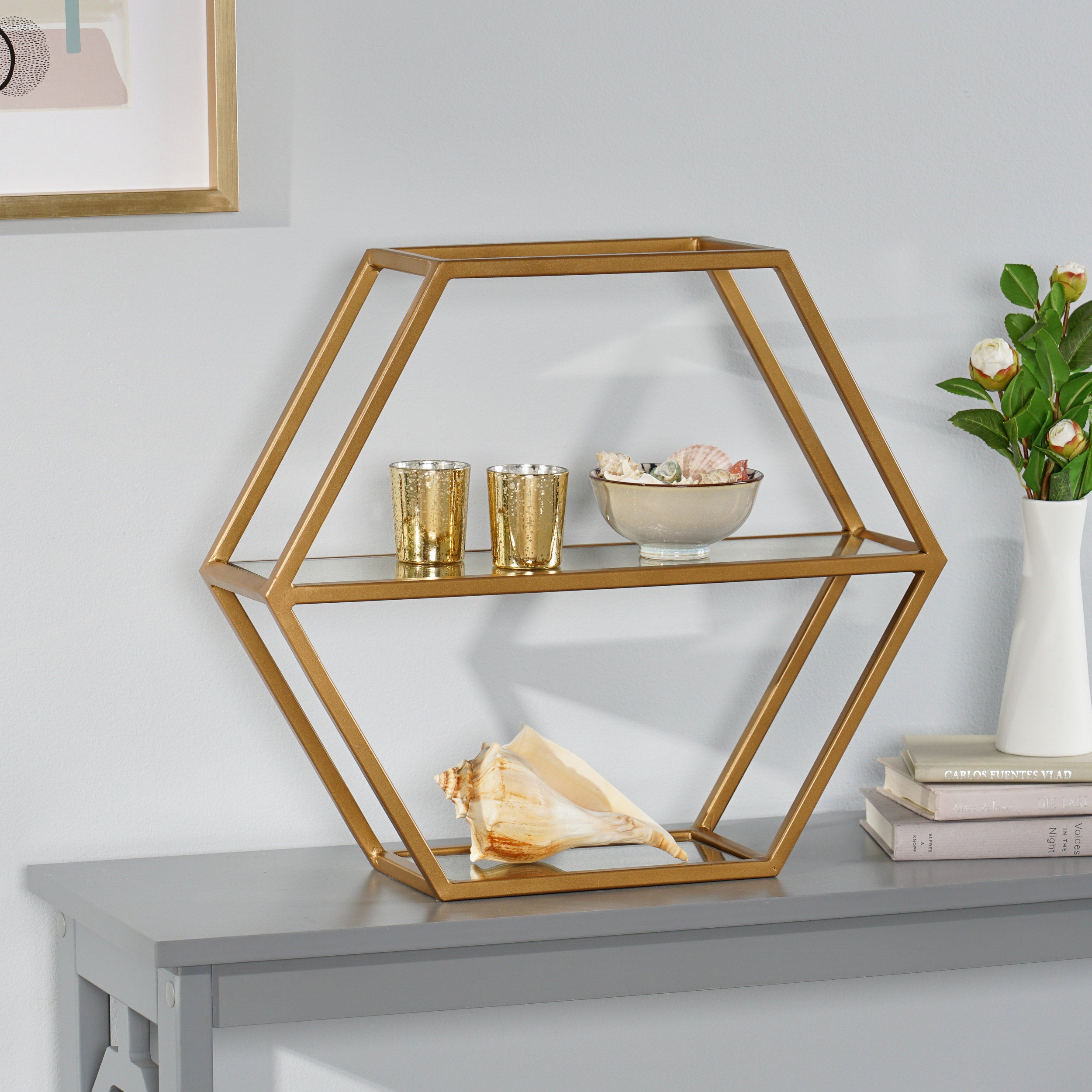 Noble House Hurford Glass Handcrafted 2 Shelf Hexagonal Decorative Shelf, Antique Gold