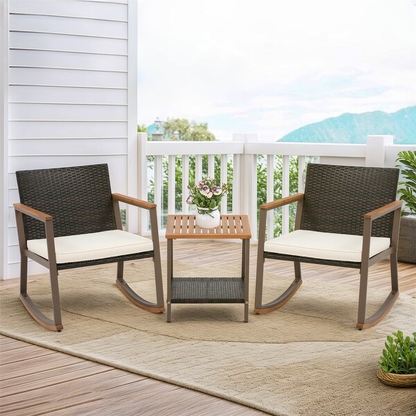 3 Pieces Rocking Wicker Bistro Set，Patio Outdoor Furniture Conversation Sets with Porch Chairs and Glass Coffee Table