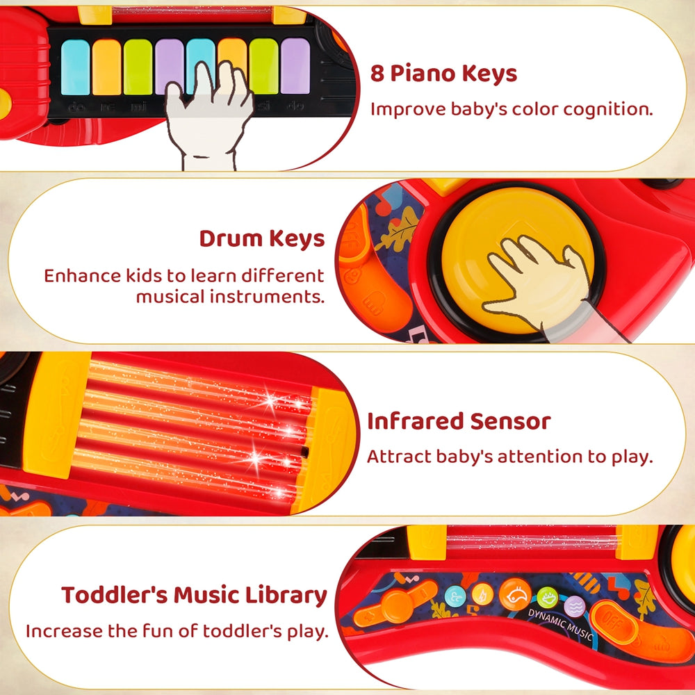 Zmoon Kids Electric Guitar Toy for Boys Girls， 2 in 1 Electric Toy Guitar Piano with Music and Light Musical Instrument Toys for Toddler 2 3 4 5 6 Years Old Gift， Red