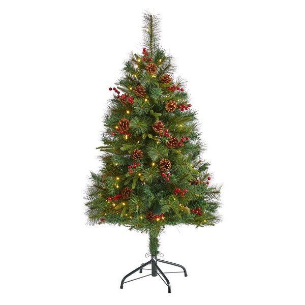 4' Mixed Pine Artificial Christmas Tree with 100 Clear LED Lights，Pine Cones and Berries