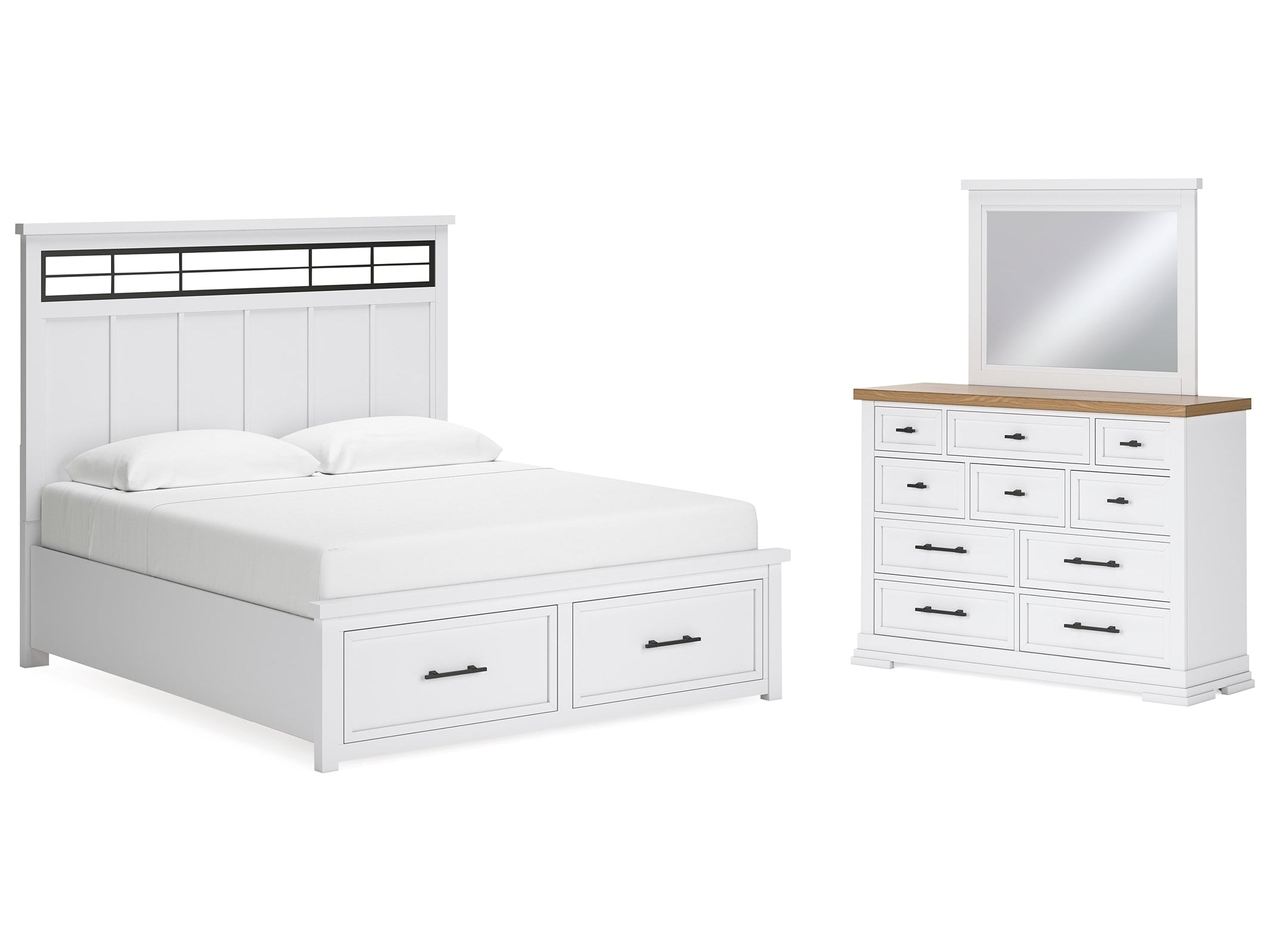 (Online Special Price) Ashbryn White/Natural King Panel Storage Bedroom Set with Dresser and Mirror