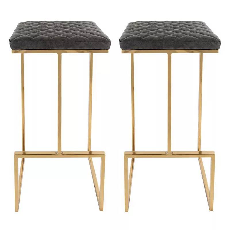 LeisureMod Quincy Leather Bar Stools With Gold Metal Frame Set of 2