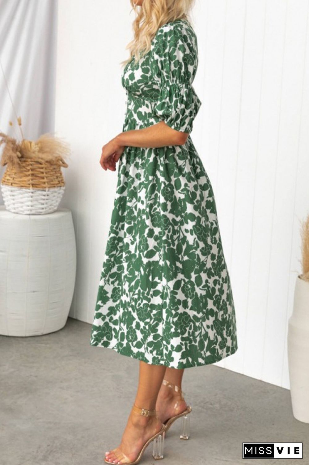 Green Button Down V Neck High Waist Floral Dress