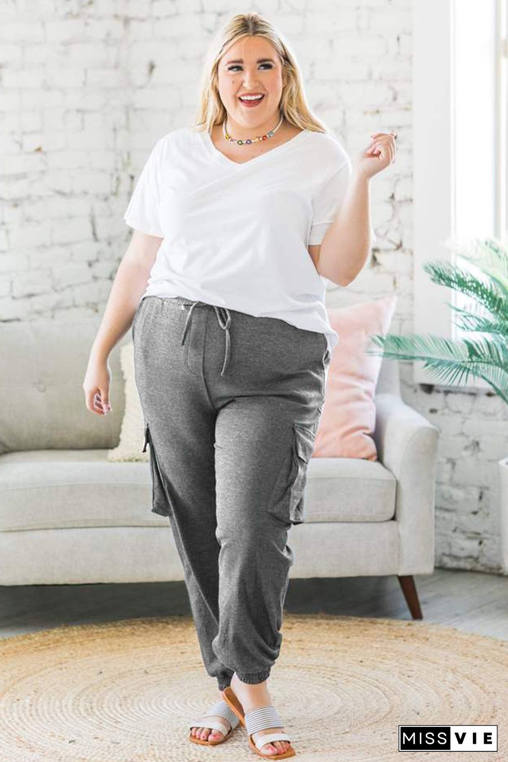 Gray Elastic Waist Side Pocket Plus Size Jogger Pants