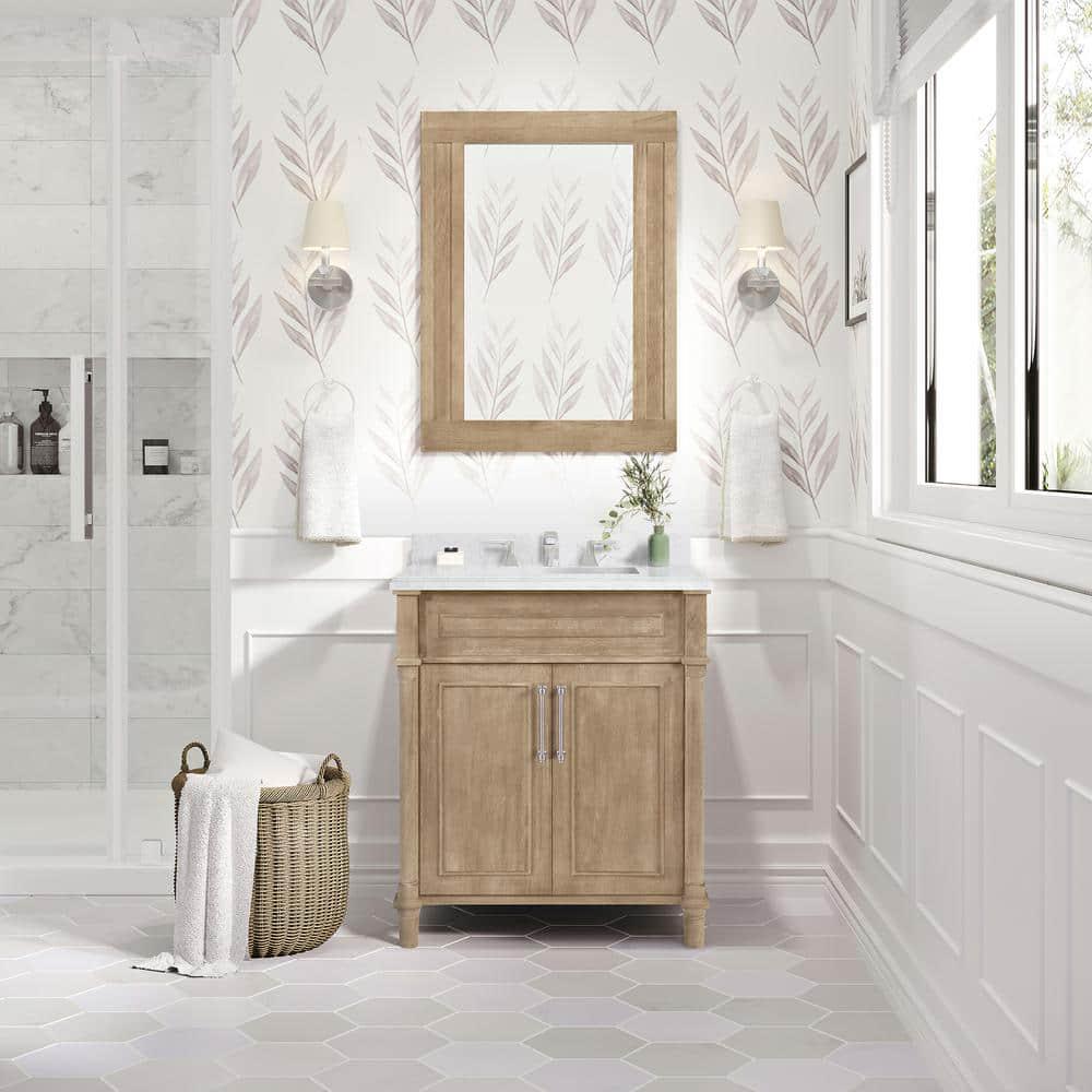 Home Decorators Collection Aberdeen 30 in x 22 in D x 345 in H Bath Vanity in Antique Oak with White Carrara Marble Top